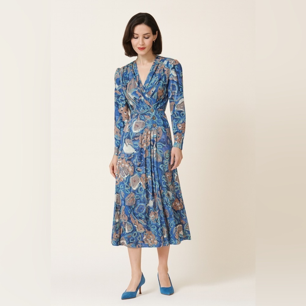 Vintage 80s Edie Johne Montreal Abstract Print Midi Dress Art Deco Style size 8
